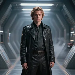 film still of cameron monaghan in star wars movie, in starship corridor, glamour pose, deep focus, dramatic lighting, octane, mist, steve mccurry, volumetric lighting, 8 k