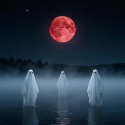 ghosts on the middle of lake, fog, red liquid moon, night sky, white and black stars, by stanley kubrick