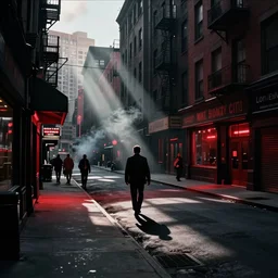 mysterious noir movie scene, crime movie, wide angle, street scene, sharp light shafts, red and black, sin city, vintage new york city, smoke, movie scene, street, sidewalk, shops, dark buildings, gritty. by mike mignola, sergey kolesov and ian mcque