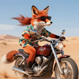 A red fox in sunglasses wearing an aloha shirt blowing in the wind while driving a motorcycle through the desert. Realistic illustration, digital art. Detailed.