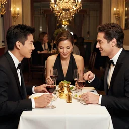 two men and a woman having a fancy dinner at a fancy party