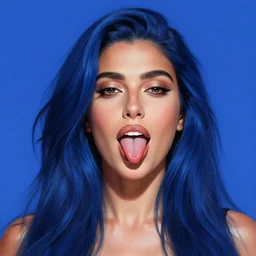 portait of haifa wehbe, perfect lips licking tongue, long hair blue centred, hd, very detailed curve, digital painting, unreal engine, final fantasy style, amazing blue background theme