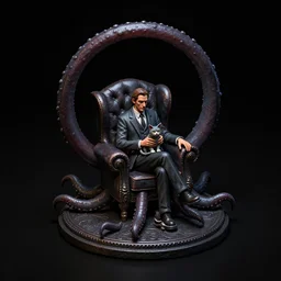 isometric view miniature - howard phillips lovecraft hold the cat on the lap, man dressed suit sit in tall leather armchair, tentacle as big circle around chair, and wall darkness, cast iron material, black background, octane render, forelight, highly detailed intricate matte sharp focus digital painting artstation pixiv