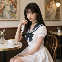 a beautiful girl with long dark hair and bangs, wearing a white dress, sitting alone in a cafe, beautiful detailed sailor moon aesthetic, beautiful detailed fantasy, beautiful detailed intricate, beautiful detailed elegant, highly detailed, beautiful detailed digital painting, artstation, beautiful detailed concept art, matte, sharp focus, beautiful detailed illustration, highly detailed art by Artgerm and Greg Rutkowski and Alphonse Mucha