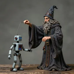 a robed wizard, puppeteering a toy robot, in the style of michael cheval, surreal, highly detailed, super intricate, whimsical and surreal. wizard and robot puppet