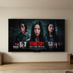 A room with big screen on the wall from horror TV show by Feng Zhu and Loish and Laurie Greasley, Victo Ngai, Andreas Rocha, John Harris