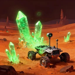 glowing green alien crystals irradiating zombie infested, orange and red martian wasteland, survival post - apocalyptic, curiosity rover, beksinski, dark sci - fi