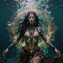 a centered render of a alluring festival hippie with tribal tattoos surrounded by a underwater ink pour and flowing liquid galium and sacred geometry, perfect body face and hands, powerful, cinematic, beautifully lit, by artgerm, by karol bak, by donato giancola, by beeple, 3 d, trending on artstation, octane render, 8 k