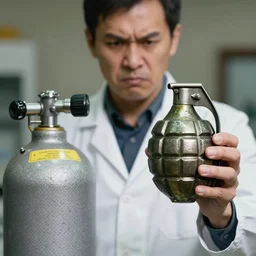 closeup shot of doctor with an angry face holding a a round metallic grenade next to an obvious oxygen tank, like one use for welding