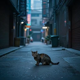 a cat lost in the alleyway of a cyberpunk city