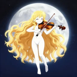 anime style, cute, full body, a female with white skin and golden long wavy hair holding a violin and playing a song, heavenly, stunning, filters applied, lunar time, trending art, sharp focus, centered, landscape shot, happy, fleeting dream, simple background, studio ghibly makoto shinkai yuji yamaguchi, by wlop