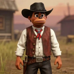 Screenshot of Muppets as a 3d cowboy in full cowboy attire in the videogame 'Red Dead Redemption 2'. Sharpened. 1080p. High-res. Ultra graphical settings.