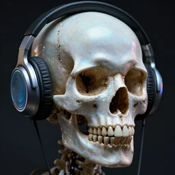 Human skull made of pearlescent glitter wearing futuristic headphones, highly detailed, realistic, cinematic, dramatic