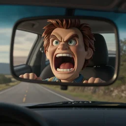 a screaming angry bob ross doll in rear view mirror