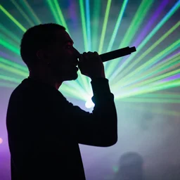 rapper performing with microphone, epic pose, medium close-up, silhouetted, distinct figure, psychedelic hip-hop, laser light show, fog, beams of light