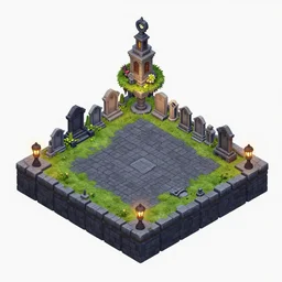 graveyard isometric 2. 5 d game level, myvmk, with detailed stone, lanterns, disney, haunted mansion, toon shader, arnold maya render, artstation by miha rinne