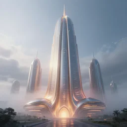 majestic ketchup building, futuristic architecture, ethereal, misty, unreal engine, octane, hdr, volumetric lighting, 4 k, 8 k, uhd