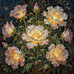 hyper detailed painting- surreal flowers bushes everywhere, long petals, entangled foliage, glowing blossoms, huge blossoms, art by James Jean, Masterpiece, Edward Hopper and James Gilleard, Ross Tran, Mark Ryden, Wolfgang Lettl, hints of Yayoi Kasuma, surreal