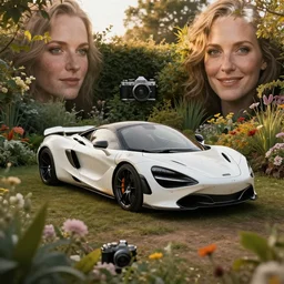 A photo of a white dirty McLaren parked in the middle of a garden, 8K concept art, dreamy, garden, bushes, flowers, golden hour, vintage camera, detailed, UHD realistic faces, award winning photography, cinematic lighting