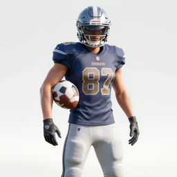 american football player holding a soccer ball, 8 k, unreal engine, hyperrealistic