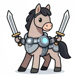 horse in futuristic armor wielding two swords, cartoon drawing