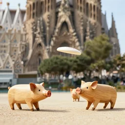 wooden piglets playing frisbee at sagrada familia in barcelona n - 9 h 6 4 0 s - 1 5 0