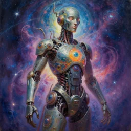 human figure made of ancient magic technology, galactic astral realm journey in oil painting, trending on artstation, award winning, emotional vibrant, highly detailed surrealist art