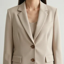 a realistic highly detailed photograph of a single woman blazer, with two front pockets, with shoulder pads, with one brown button, beige color scheme, clothing style, 8 k