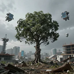 the last tree on earth in the middle of a world overtaken by construction with floating robots roaming about and scanning for other forms of life, photograph, photorealistic, somber, cinematic, dystopian