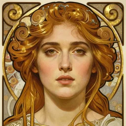 realistic detailed face portrait of a young Jennifer Connelly by Alphonse Mucha, Greg Hildebrandt, and Mark Brooks, gilded details, spirals, Neo-Gothic, gothic, Art Nouveau, ornate medieval religious icon