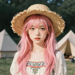 portrait of a cute girl with pink hair with straw hat dress in boho style camping, symmetry face, top lighting, cute - fine - face, ( watercolor ), art by hidari and krenz cushart and wenjun lin and starember