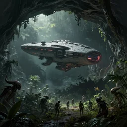 an intricate concept art of an alien mothership landing on an open cave in middle of a rainforest amazon with alien tribe, deep space, gloomy, sci - fi art, environment design, cinematic lighting, artstation, art by tony sart,