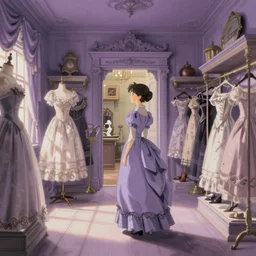 one single girl in victorian dress looking around interior of a antique dress shop, wide angle, light violet color scheme, natural lighting, intricate details, cozy atmosphere, matte painting, illustration, hayao miyazaki
