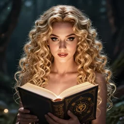 Victoria Justice, as a pretty witch with  blonde curly hair, holding a glowing spell book with runes in the cover , dark fantasy, symmetrical face two identical symmetrical eyes,feminine figure, smooth skin,gorgeous, pretty face, beautiful body, revealing outfit, high detail, realistic, cgsociety, artgerm, trending on artstation