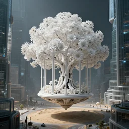 an intricate white tree with mechanical flowers inside an intricate futistic cage, suspended in the air above a street of a megalopolis made of sand and glass, matte painting, cinematic, dramatic atmosphere, detailed, atmospheric, wide angle, artstation trending, octane render uhd, filmic lighting, cinematic art shot, hyperrealistic, hyperdetailed, super detailed, high resolution