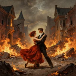 concept art of one couple dancing in the middle of ruins of a victorian city surronded by fire by j. c. leyendecker, wlop, ruins, dramatic, octane render, epic painting, extremely detailed, 8 k