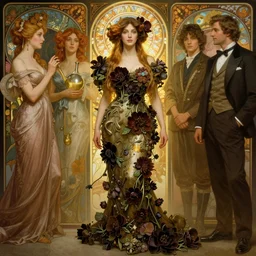 sargent and leyendecker and greg hildebrandt highly detailed portrait of a woman with long hair, wearing a gown made of dark flowers, stephen bliss, unreal engine, by greg rutkowski, loish, ferdinand knab, ilya kuvshinov, rossdraws, tom bagshaw, alphonse mucha, global illumination, radiant light, detailed and intricate environment