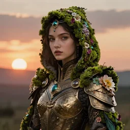 hyperdetailed portrait of beautiful queen's flower moss armored hooded bird - girl. by greg rutkowski, highly detailed portrait, digital painting, artstation, concept art, smooth, sharp foccus ilustration, artstation hq. intricate, elegant. art by wlop and artgerm and greg rutkowski and alphonse mucha, masterpiece. medium shot. sunset dramatic.