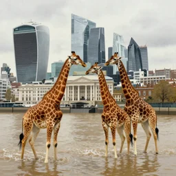 giraffes wading through a flooded london, financial district, very epic atmosphere, by asher brown durand, by yoshitaka amano