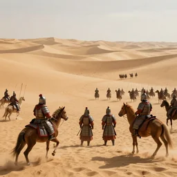 Sogdian soldiers fighting Chinese Tang imperial soldiers in a sandy desert with no monuments, volumetric lighting, beautiful scenery, realistic painting effect, hd, hdr, cinematic 4k wallpaper, 8k, ultra detailed, high resolution, artstation, early medieval