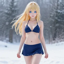 full body shot : a very beautiful young blond anime girl in a snowstorm, sky blue eyes,, bikini, miniskirt, highly detailed, cinematic wallpaper by stanley artgerm lau