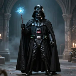 Darth Vader in wizard cape using a magic wand