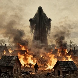 scary unproportionable tall ghost creature in the middle of a village on fire, 1900s picture
