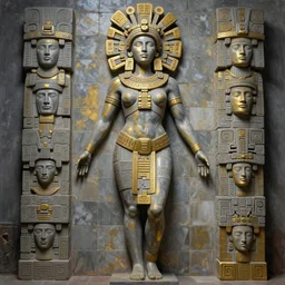 beautiful aztec inca woman colossus full body well proportioned posing among tiles by eddie mendoza hyperrealism expressive cyborgess symmetrical very very detailed giger beksinski grey and gold