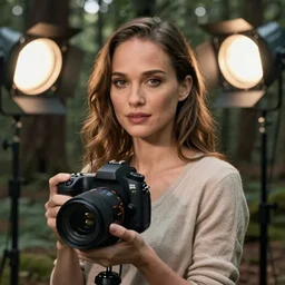 hyper detailed, ultra sharp focus photo of nathalie portman in the woods, studio lighting, 8 k, dslr, 8 5 mm f / 1. 8 by sam shaw