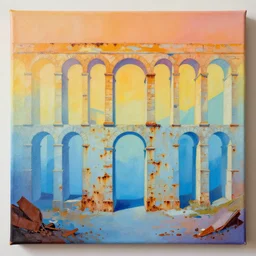 unfinished acrylic canvas, colorfull, gradient from warm to cold tone, 3 6 0 panorama ( 3 - point perspective ), escher style pattern of aqueduct and arches, texture of old rust and trash