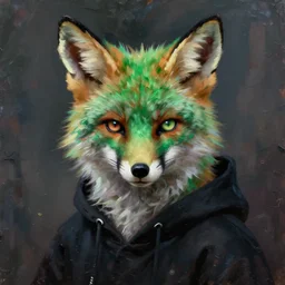 oil painting portrait of anthropomorphic female green fox animal, dressed in black hoodie. fox animal, glowing eyes, oil painting, serious,