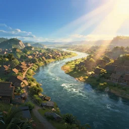 large river flowing past a village, blue sky, fantasy, concept art, low angle, highly detailed, warm lighting, volumetric, godrays, vivid, trending on artstation, by jordan grimmer, greg rutkowski