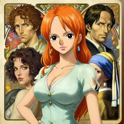 intricately detailed vfx portrait of nami from one piece by eiichiro oda, makoto shinkai, alphonse mucha, art by artgerm and greg rutkowski, best of behance, concept art, matte, sharp focus, orange hair, elegant, adolphe bouguereau, annie leibovitz, stanley kubrick, johannes vermeer, hdr,