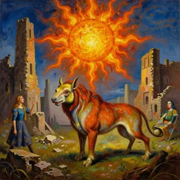 bright dramatic lighting colorful surrealist oil painting titled'now we'll all be brothers of the fossil fire of the sun ', magical realism symbolist, ruined city landscape with hybrid animal protagonist, painted by salvador dali and hieronymous bosch and max ernst, shocking detail trending on artstation 8 k